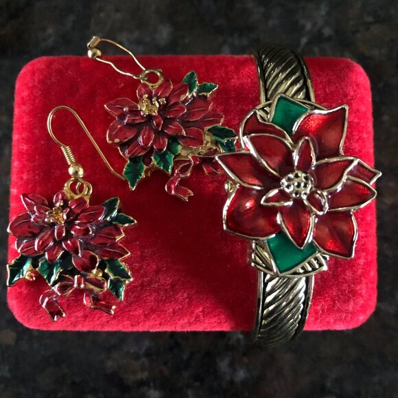 -Pretty Poinsettia Cuff Watch Plus Pierced Earrings - Picture 1 of 6